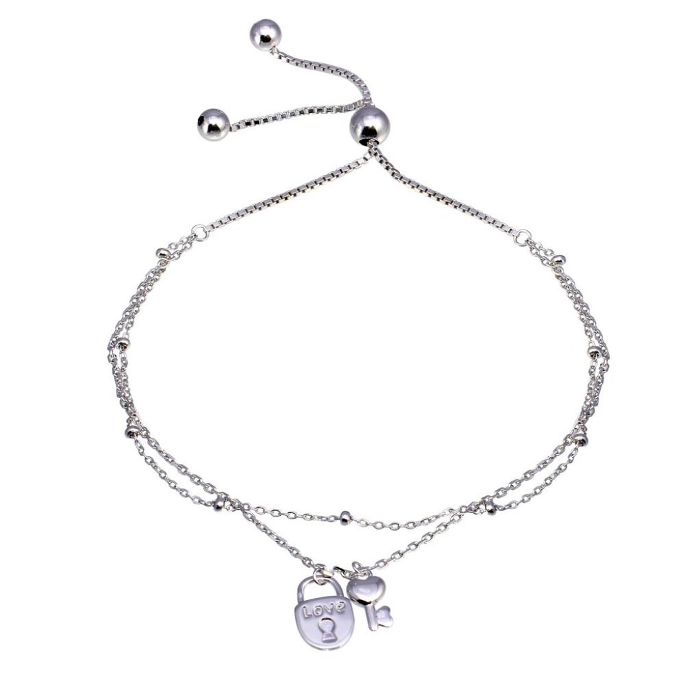 Silver 925 Rhodium Plated Layered Lock and Key Chain Lariat Bracelet